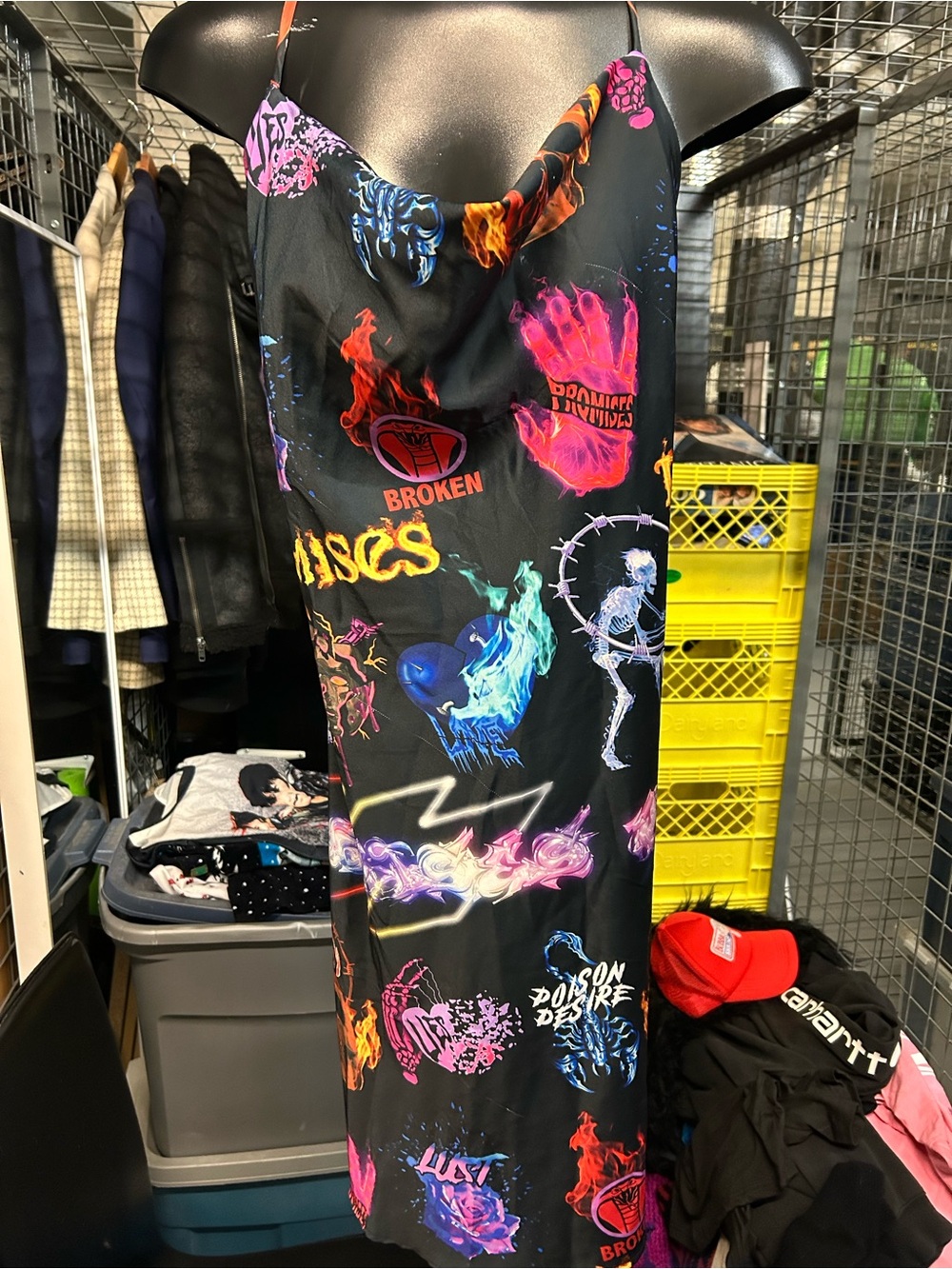 Broken Promises  Satin Graphic Print Slip Dress with Neon Motifs skater XL